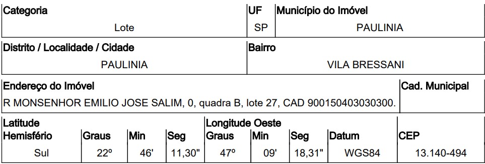Terreno - Venda, VILA BRESSANI, PAULINIA, SP